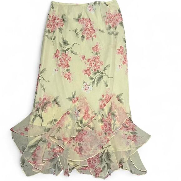 American Vintage Dresses & Skirts - light yellow floral midi/maxi skirt with pink flowers, green leaves, ruffle hem
